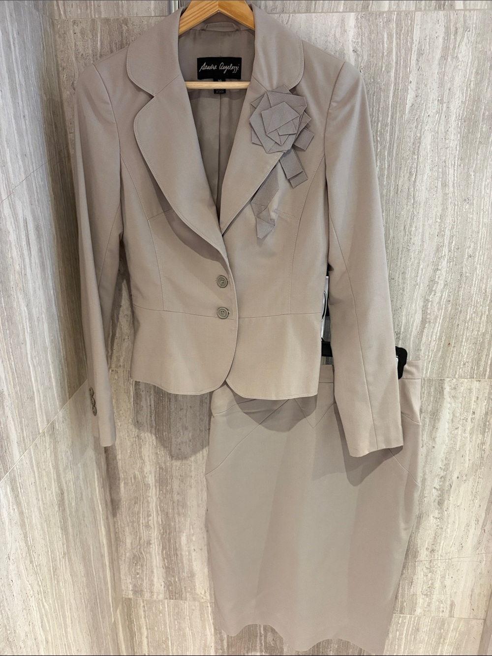 Sandra Angelozzi Taupe Women's Two-Piece Blazer & Skirt Suit